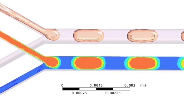 Simulation des segmentierten Flusses (oben) und Darstellung der Phasenverteilung im Mikroreaktor (unten)