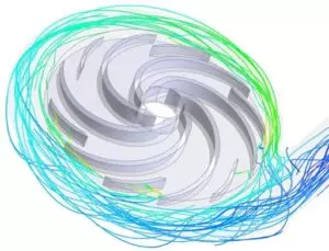 Stromlinien im Modell einer Zentrifugalblutpumpe