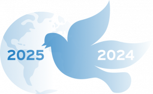 Friedenstaube und Weltkugel im Hintergrund mit den Jahreszahlen 2024 und 2025