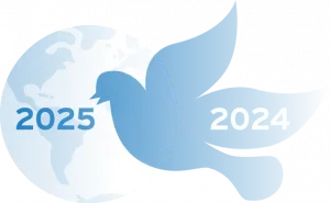 Friedenstaube und Weltkugel im Hintergrund mit den Jahreszahlen 2024 und 2025