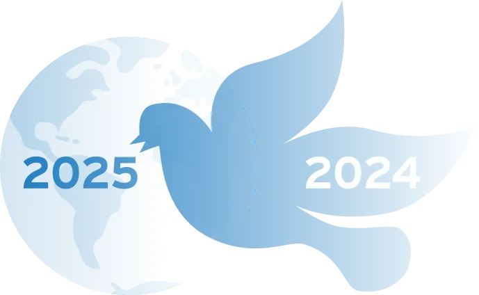 Friedenstaube und Weltkugel im Hintergrund mit den Jahreszahlen 2024 und 2025